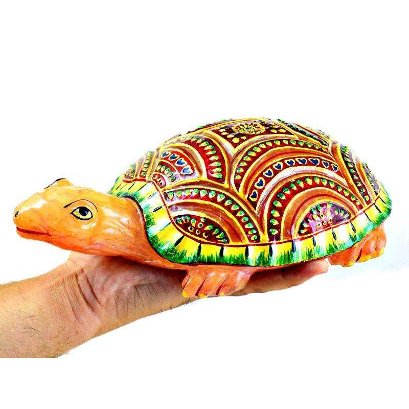 gemsmore:Stunning Orange Aventurine Enamel Painted Carved Turtle