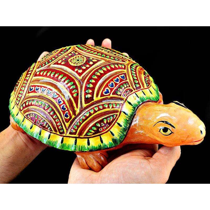 gemsmore:Stunning Orange Aventurine Enamel Painted Carved Turtle