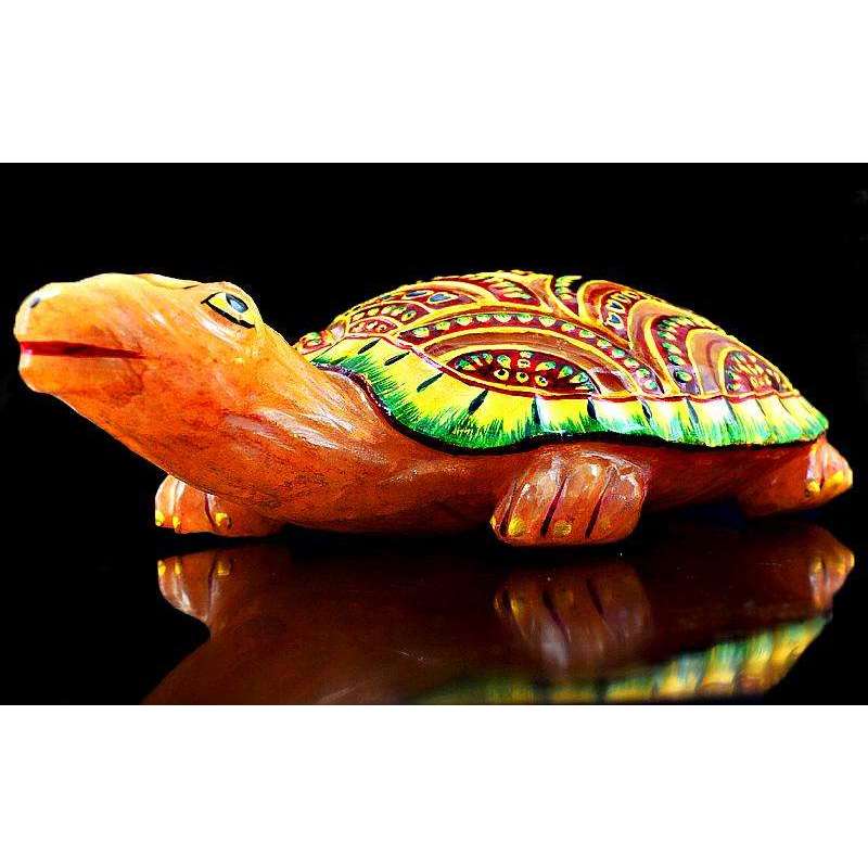 gemsmore:Stunning Orange Aventurine Enamel Painted Carved Turtle