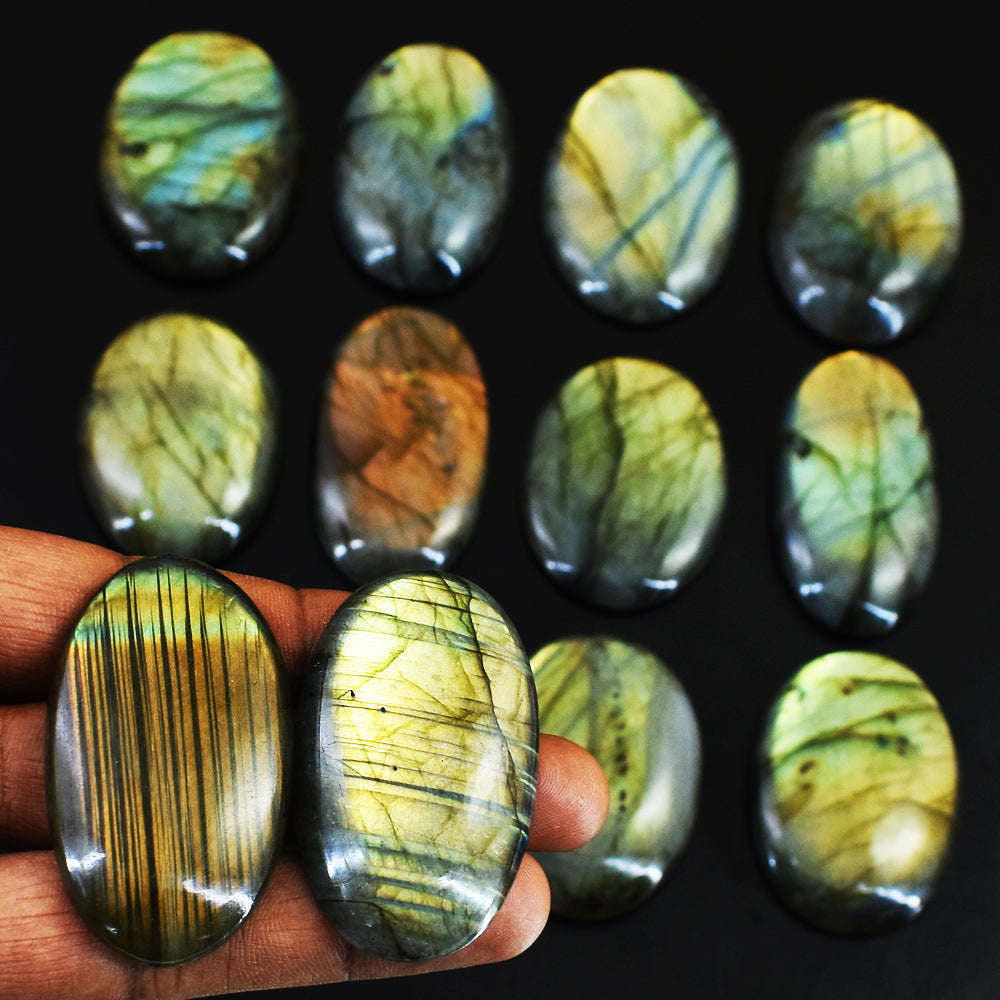 gemsmore:Stunning Orange & Golden Flash Labradorite Untreated Gemstone Cabochon Lot
