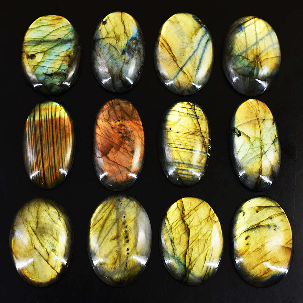 gemsmore:Stunning Orange & Golden Flash Labradorite Untreated Gemstone Cabochon Lot