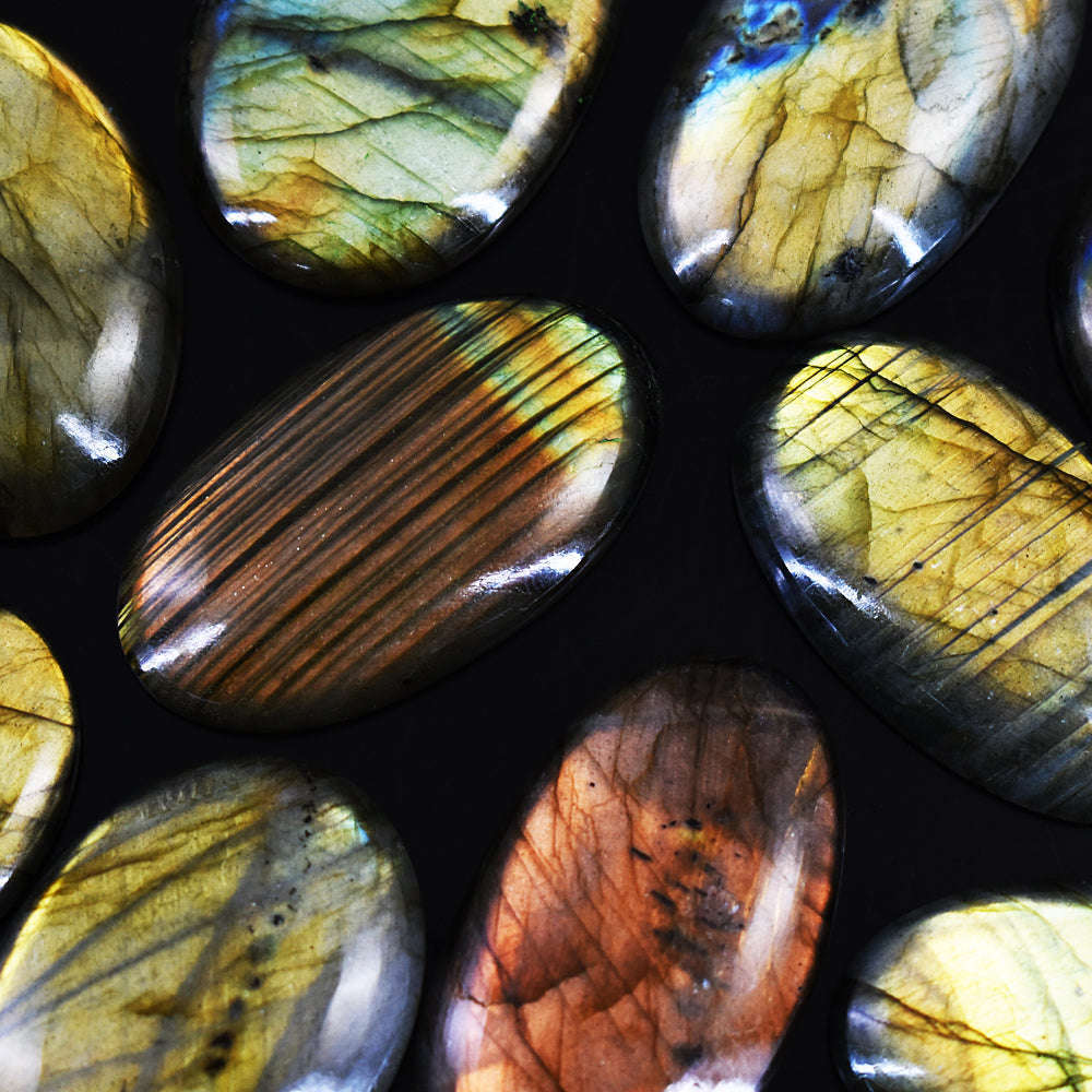 gemsmore:Stunning Orange & Golden Flash Labradorite Untreated Gemstone Cabochon Lot