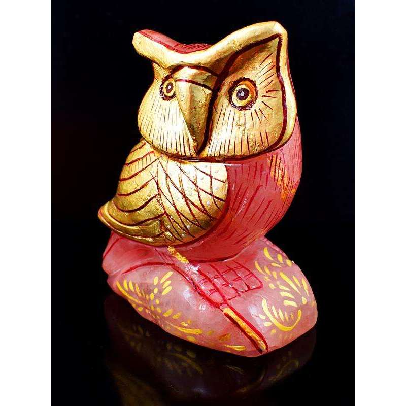 gemsmore:Stunning Pink Rose Quartz Enamel Painted Carved Owl