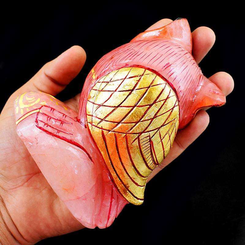 gemsmore:Stunning Pink Rose Quartz Enamel Painted Carved Owl