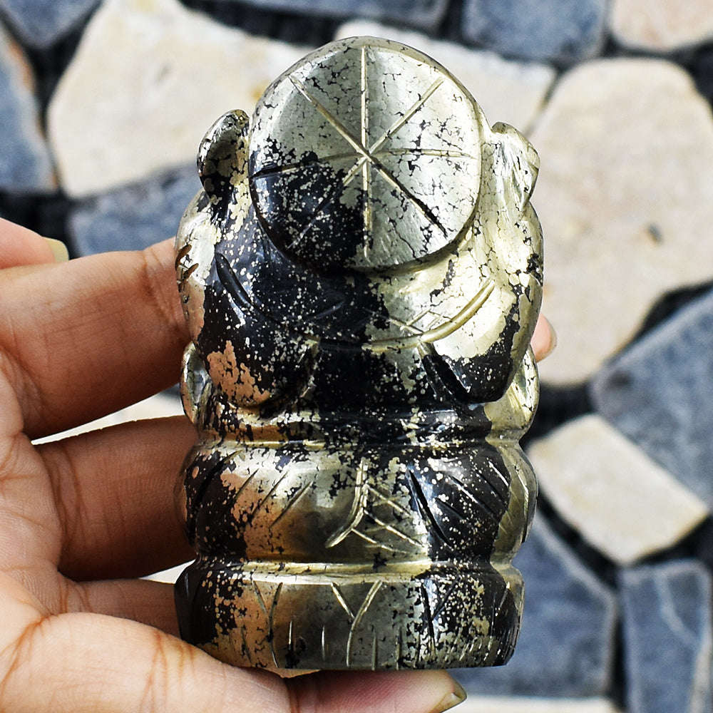 gemsmore:Stunning Pyrite Hand Carved Genuine Crystal Gemstone Carving Lord Ganesha