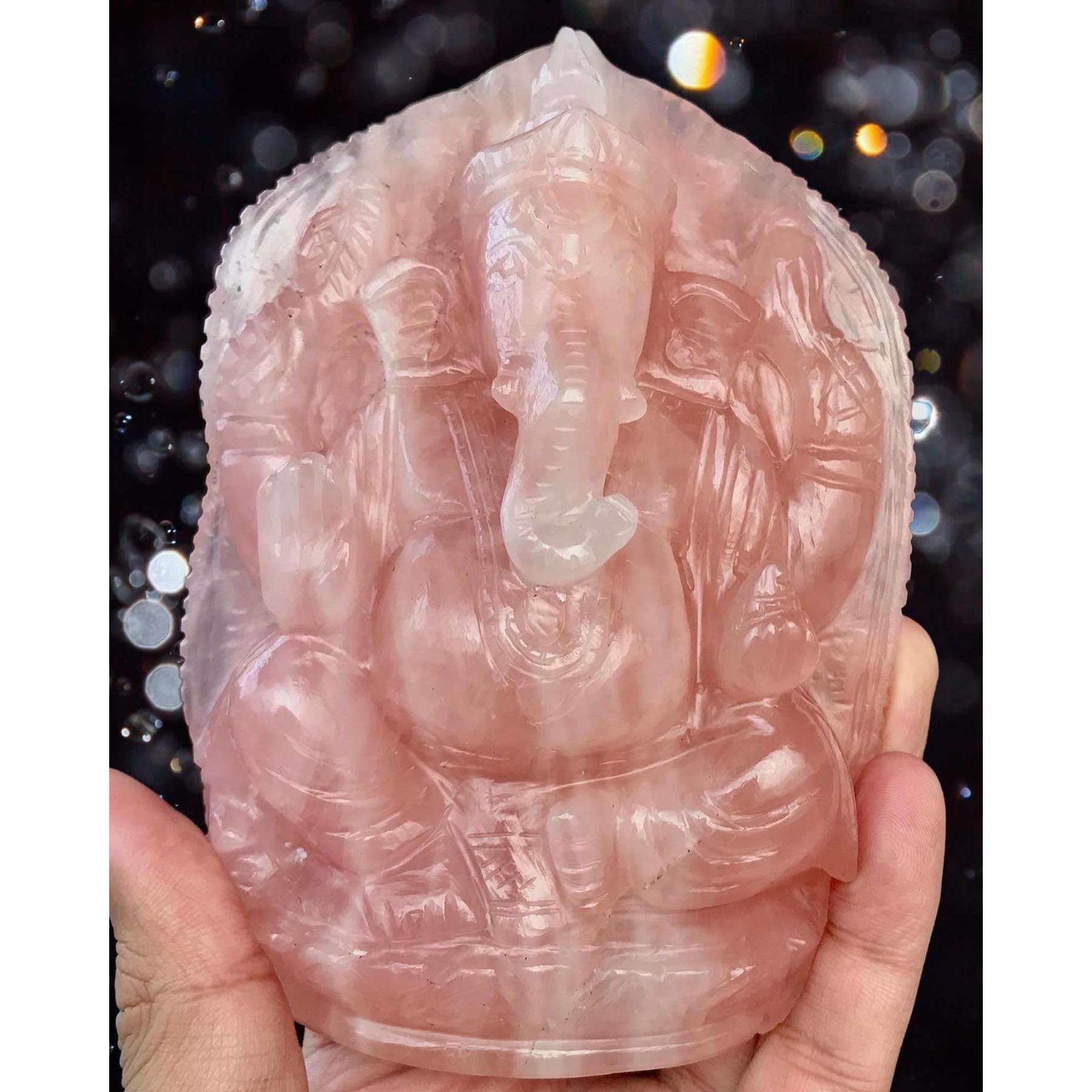 gemsmore:Stunning Rose Quartz Hand Carved Genuine Crystal Gemstone Carving Lord Ganesha