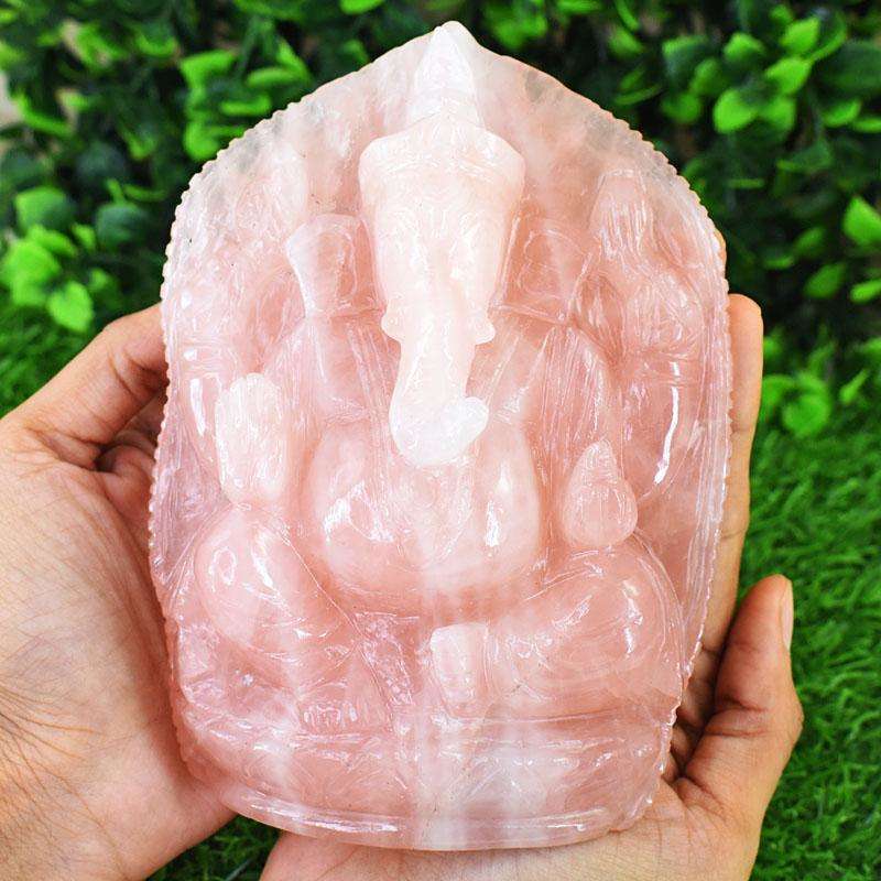 gemsmore:Stunning Rose Quartz Hand Carved Genuine Crystal Gemstone Carving Lord Ganesha