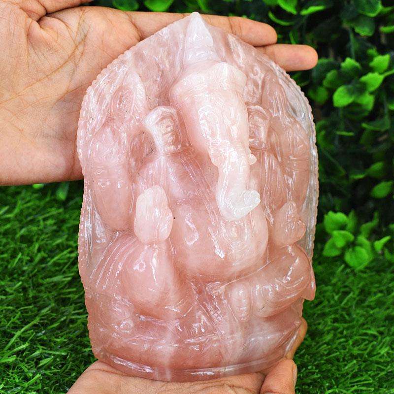 gemsmore:Stunning Rose Quartz Hand Carved Genuine Crystal Gemstone Carving Lord Ganesha
