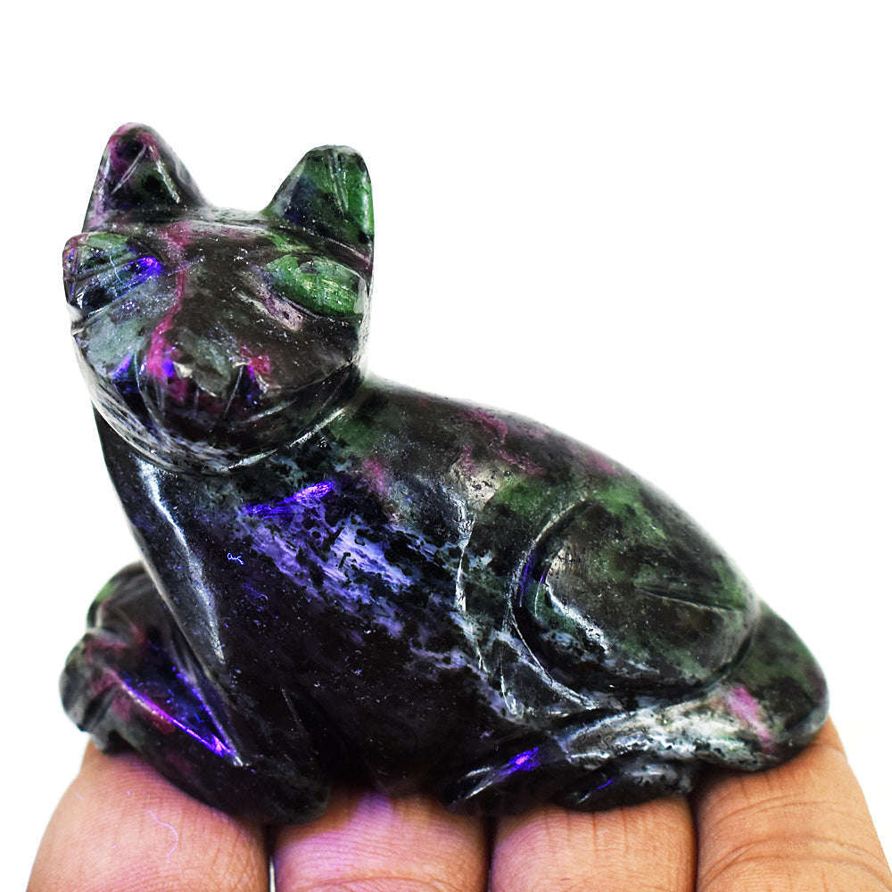 gemsmore:Stunning Ruby Zoisite Hand Carved Genuine Crystal Gemstone Carving Cat