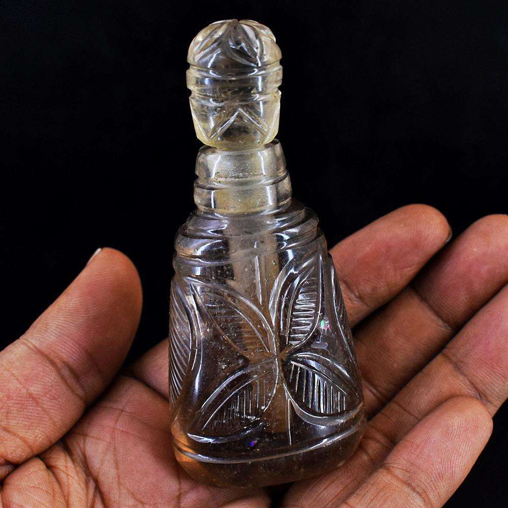 gemsmore:Stunning Smoky Quartz Hand Carved Genuine Crystal Gemstone Carving Perfume Bottle