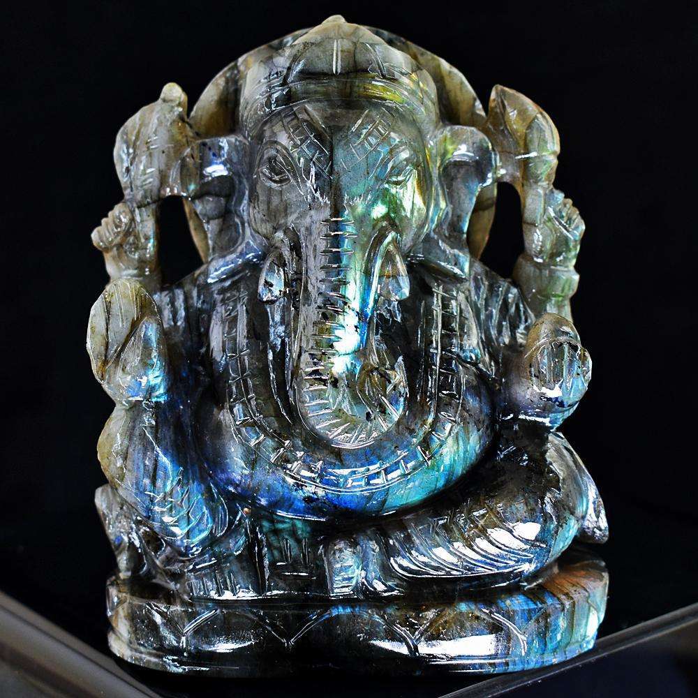 gemsmore:Stunning Sunset Flash Labradorite Hand Carved Genuine Crystal Gemstone Carving Lord Ganesha
