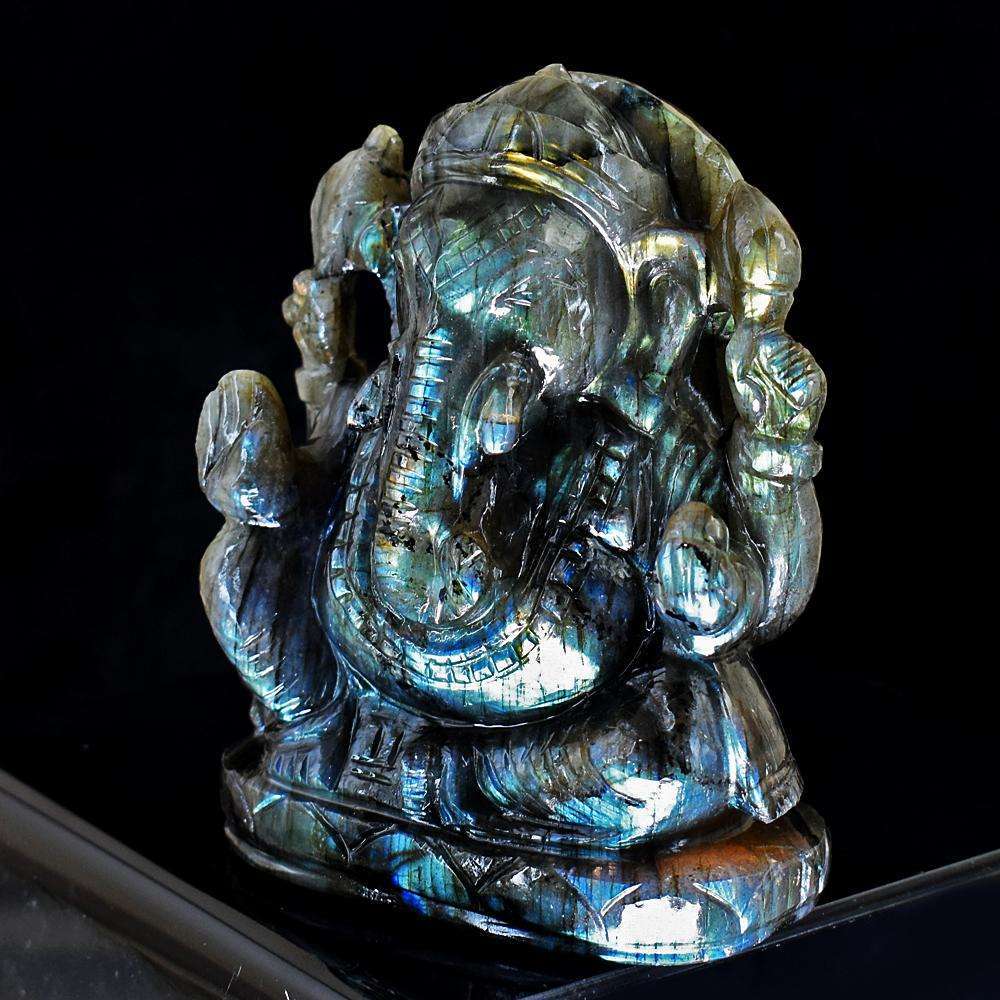 gemsmore:Stunning Sunset Flash Labradorite Hand Carved Genuine Crystal Gemstone Carving Lord Ganesha