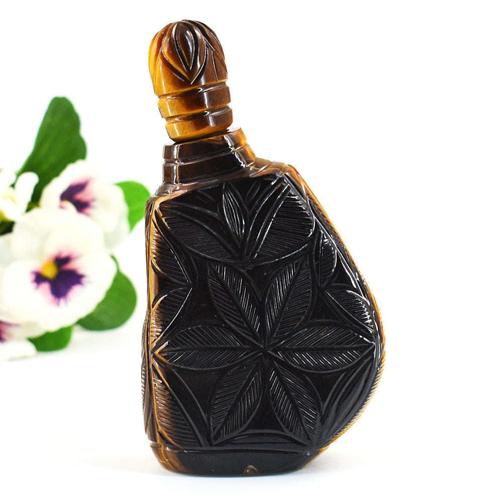 gemsmore:Stunning Tiger Eye Hand Carved Genuine Crystal Gemstone Carving Perfume Bottle