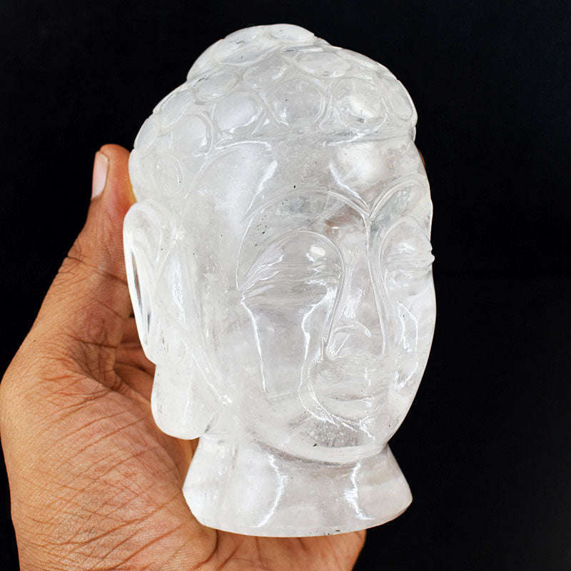 gemsmore:Stunning White Quartz Hand Carved Genuine Crystal Gemstone Carving Buddha Head