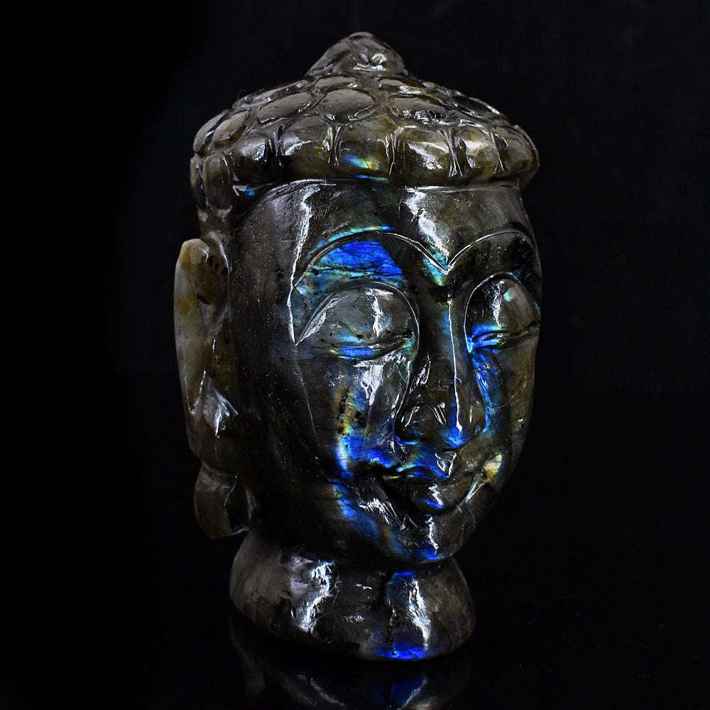 gemsmore:Unique Amazing Flash Labradorite Hard Carved Lord Buddha Head Idol