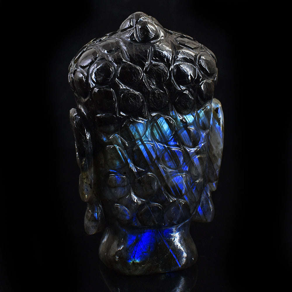 gemsmore:Unique Amazing Flash Labradorite Hard Carved Lord Buddha Head Idol