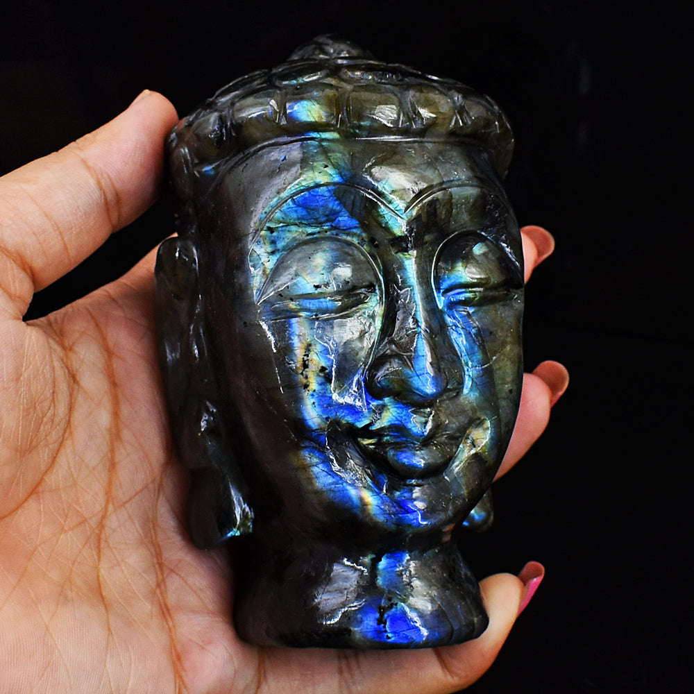 gemsmore:Unique Amazing Flash Labradorite Hard Carved Lord Buddha Head Idol