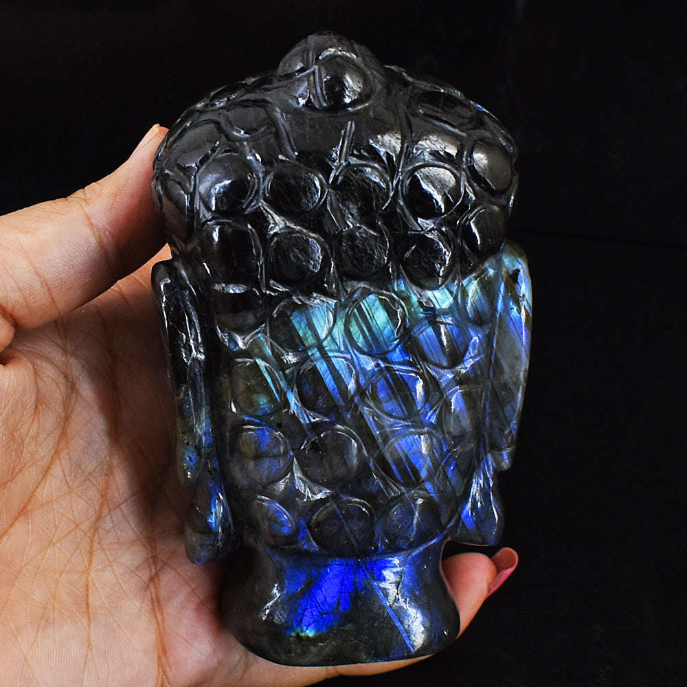 gemsmore:Unique Amazing Flash Labradorite Hard Carved Lord Buddha Head Idol