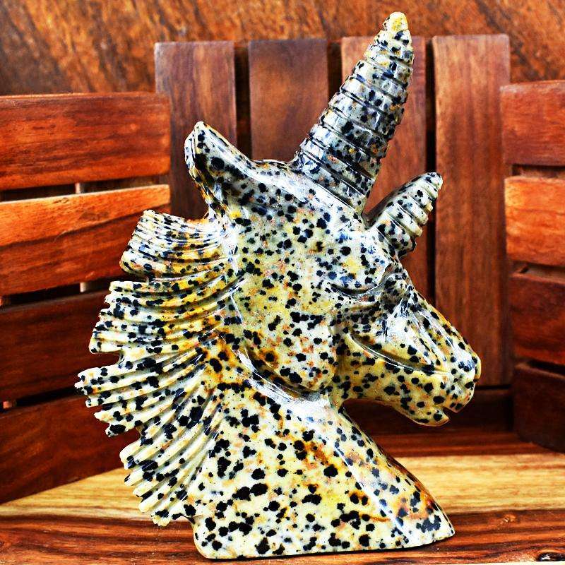 gemsmore:Unique Dalmatian Jasper Carved Unicorn Head
