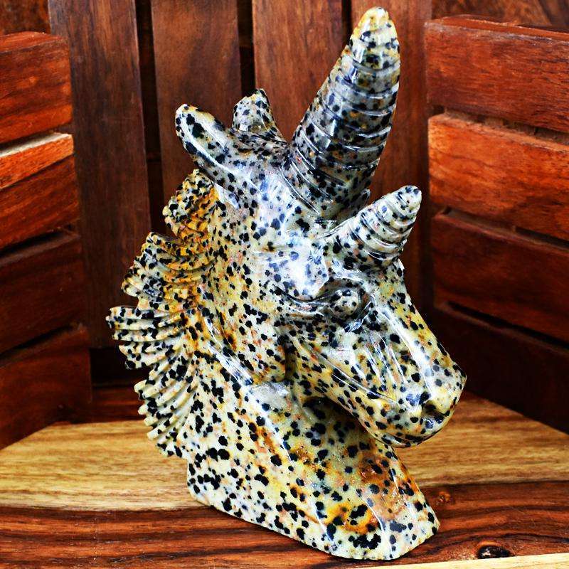 gemsmore:Unique Dalmatian Jasper Carved Unicorn Head