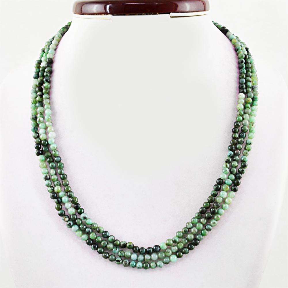 gemsmore:Untreated Emerald Necklace Natural 3 Strand Round Shape Beads