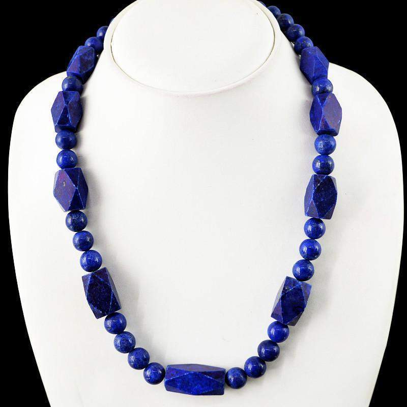 gemsmore:Untreated Faceted Blue Lapis Lazuli Necklace Natural Round Shape Beads