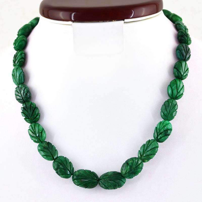 gemsmore:Untreated Green Emerald Necklace Natural Single Strand Carved Beads