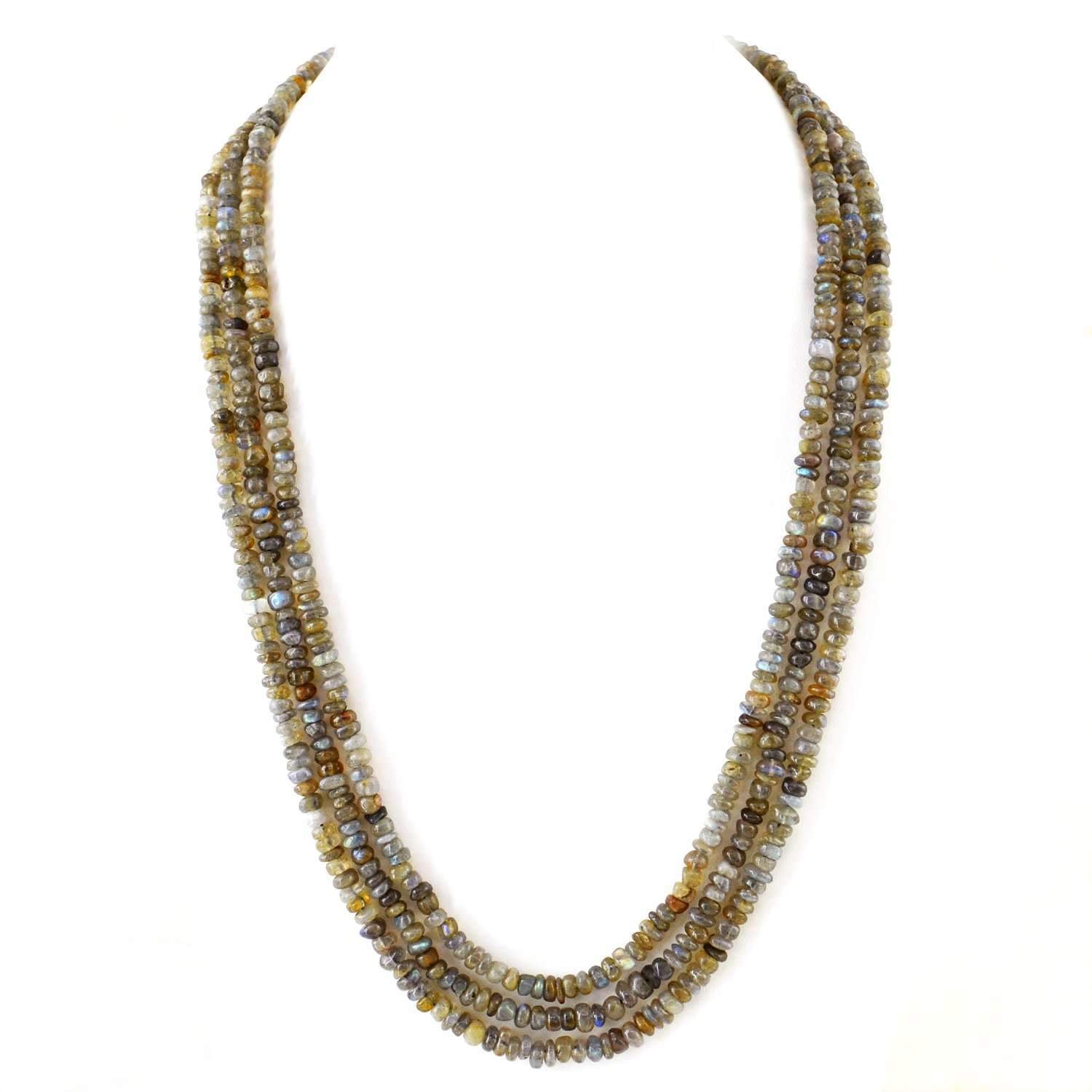 gemsmore:Untreated Labradorite Necklace Natural 3 Line Round Shape Beads
