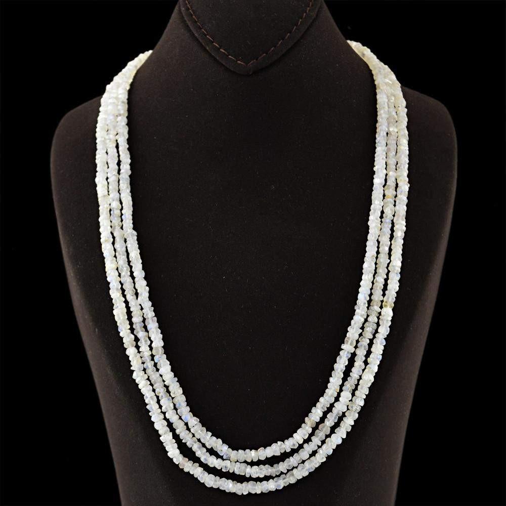 gemsmore:Untreated Natural Blue Flash Moonstone Necklace 3 Line Round Cut Beads