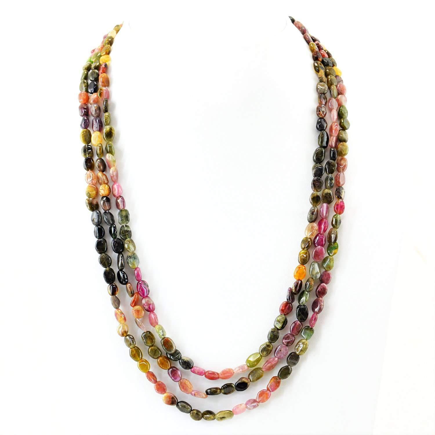 gemsmore:Untreated Watermelon Tourmaline Necklace Natural 3 Strand Oval Shape Beads