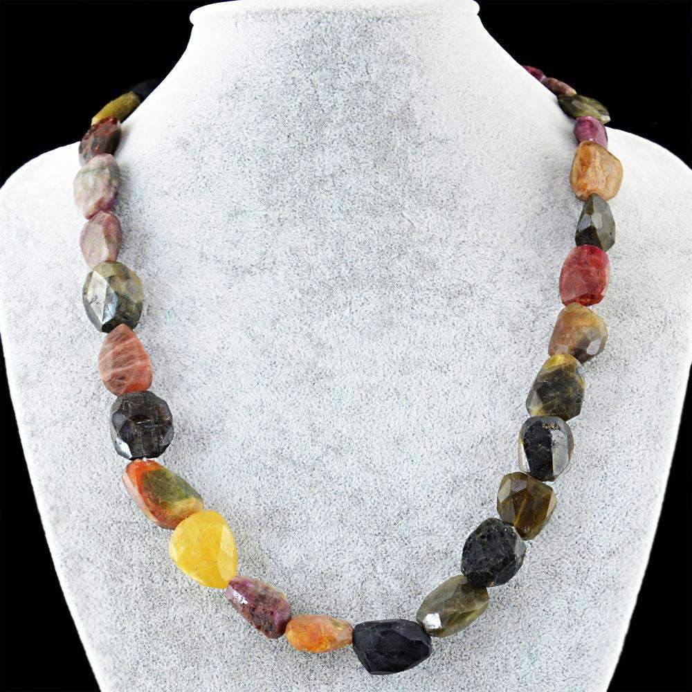 gemsmore:Untreated Watermelon Tourmaline Necklace Natural Faceted Beads