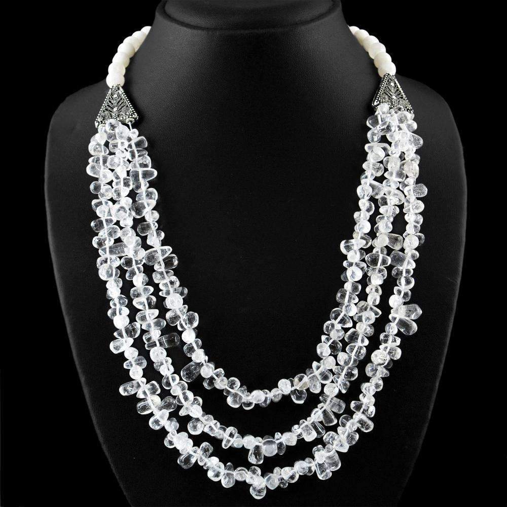 gemsmore:White Agate & White Quartz Necklace Natural 3 Strand Untreated Beads