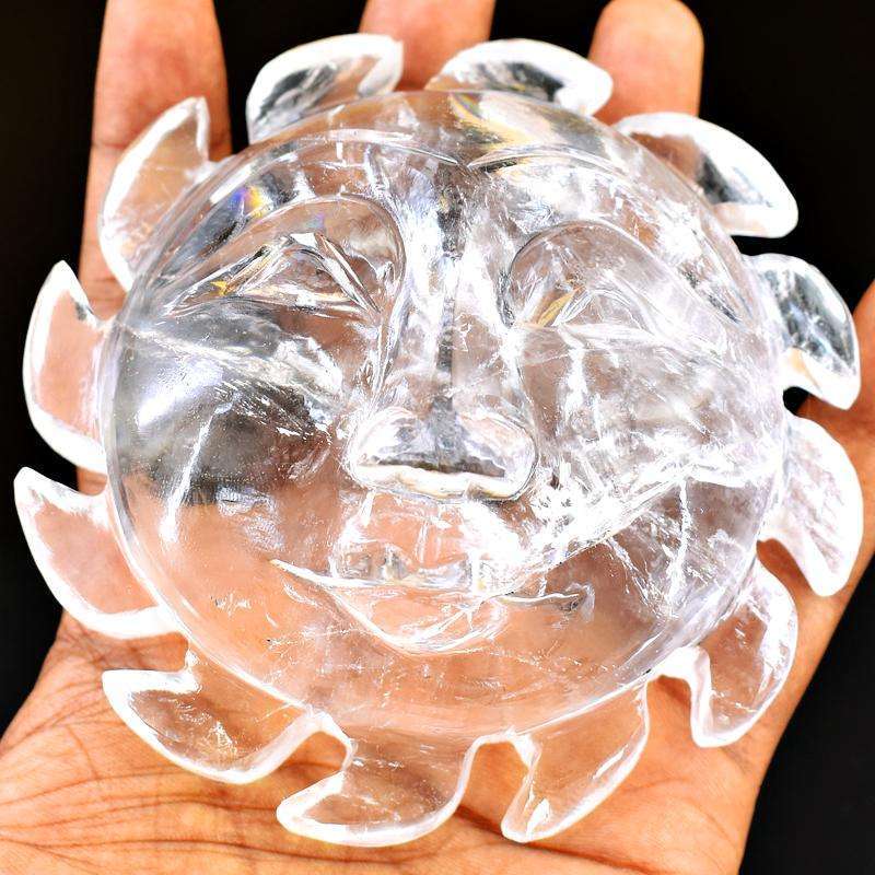 gemsmore:White Quartz Hand Carved Gemstone Sun Face